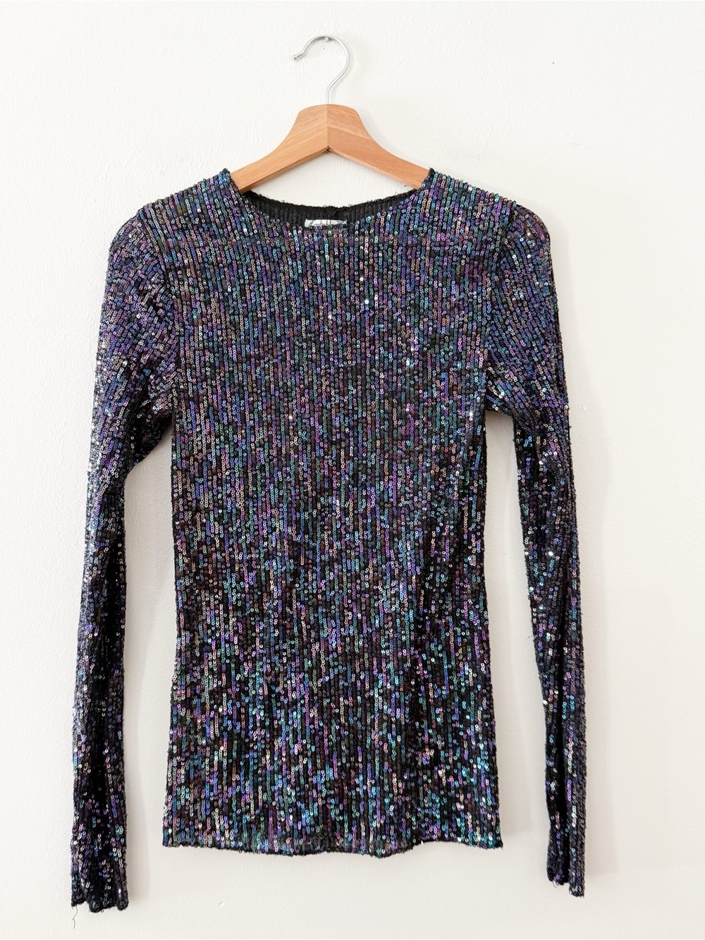 FREE PEOPLE  Long Sleeve Sequin Top Multicolor Black Combo Size Small.